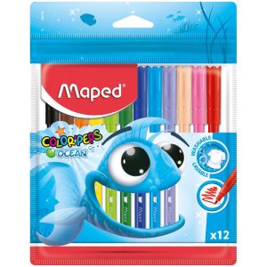 Фломастеры MAPED (Франция) «Color'Peps Ocean», 12 цветов, смываемые, вентилируемый колпачок, упаковка, европодвес, 845720