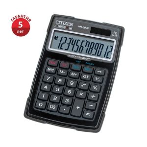 Калькулятор настольный водопыленепроницаемый CITIZEN WR-3000, КОМПАКТНЫЙ (152x106 мм), 12 разрядов, двойное питание