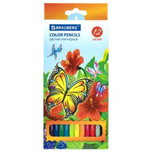 Карандаши цветные BRAUBERG «Wonderful butterfly», 12 цветов, заточенные, картонная упаковка с блестками, 180535