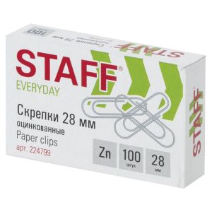 Скрепки STAFF «EVERYDAY», 28 мм, оцинкованные, 100 шт., в картонной коробке, Россия, 224799