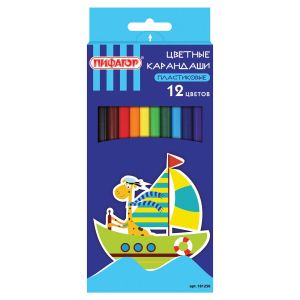 Карандаши цветные ПИФАГОР «ЖИРАФ», 12 цветов, пластиковые, классические заточенные, 181250