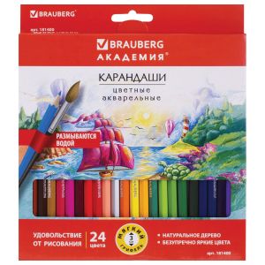 Карандаши цветные акварельные BRAUBERG «АКАДЕМИЯ», 24 цвета, шестигранные,высокое качество, 181400