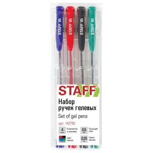 Ручки гелевые STAFF «Basic» GP-789, НАБОР 4 ЦВЕТА, хромированный наконечник, узел 0,5 мм, 142792