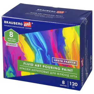 Краски акриловые для техники «Флюид Арт» (POURING PAINT), 8 цветов по 120 мл, Цвета радуги, BRAUBERG ART, 192242