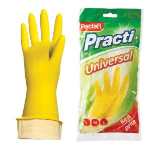 Перчатки МНОГОРАЗОВЫЕ латексные PACLAN «Practi Universal», хлопчатобумажное напыление, размер L (большой), желтые, вес 54 г