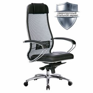Кресло офисное МЕТТА «SAMURAI» SL-1.04, сверхпрочная ткань-сетка/экокожа, черное