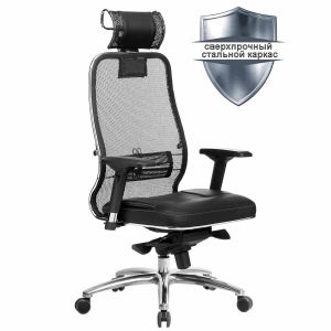 Кресло офисное МЕТТА «SAMURAI» SL-3.04, с подголовником, сверхпрочная ткань-сетка/экокожа, черное