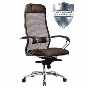 Кресло офисное МЕТТА «SAMURAI» SL-1.04, сверхпрочная ткань-сетка/экокожа, темно-коричневое
