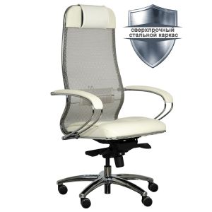 Кресло офисное МЕТТА «SAMURAI» SL-1.04, сверхпрочная ткань-сетка/экокожа, бежевое