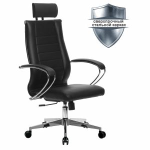 Кресло офисное МЕТТА «К-32» хром, экокожа, подголовник, сиденье и спинка мягкие, черное
