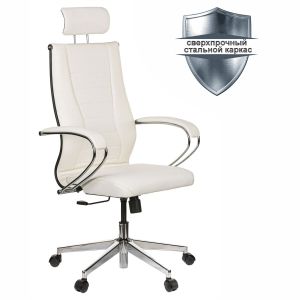 Кресло офисное МЕТТА «К-34» хром, экокожа, подголовник, сиденье и спинка мягкие, белое