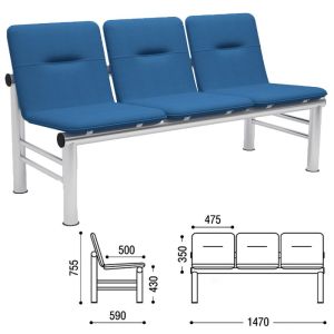Кресло для посетителей трехсекционное «Троя», 755х1470х590 мм, светлый каркас, кожзам синий, СМ 105-03 К20