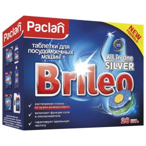 Таблетки для мытья посуды в посудомоечных машинах 28 шт., PACLAN Brileo «All in one Silver», 419110