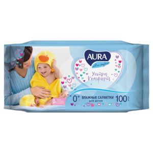Салфетки влажные КОМПЛЕКТ 100 шт., для детей AURA «Ultra comfort», универсальные, очищающие, гипоаллергенные, без спирта, 5637