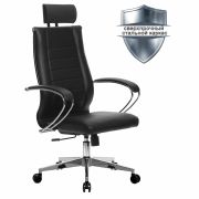 Кресло офисное МЕТТА «К-32» хром, рецик. кожа, подголовник, сиденье и спинка мягкие, черное