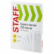 Бумага писчая А4, 65 г/м2, 250 л., Россия, белизна 92% (ISO), STAFF, 114214