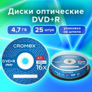 Диски DVD+R (плюс) CROMEX, 4,7 Gb, 16x, Cake Box (упаковка на шпиле), КОМПЛЕКТ 25 шт., 513777