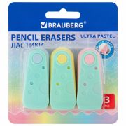 Ластики BRAUBERG «ULTRA PASTEL», НАБОР 3 ШТУКИ, 57х24х15 мм, ассорти пастель, бирюзовый пластиковый держатель, блистер, 272689