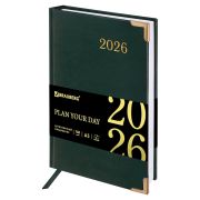 Ежедневник датированный 2026 А5 138x213мм BRAUBERG Senator, под кожу, зеленый, 117092