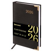 Ежедневник датированный 2026, А5, 138x213 мм, BRAUBERG «Senator», под кожу, черный, 117094