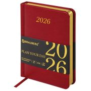 Ежедневник датированный 2026, МАЛЫЙ ФОРМАТ 100х150 мм, А6, BRAUBERG «Iguana», под кожу, красный, 117251