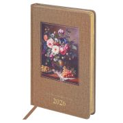 Ежедневник датированный 2026 А5 138х213 мм, BRAUBERG «ArtGallery», под кожу, нашивка, бежевый, 117404