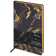 Ежедневник датированный 2026 А5 138x213 мм, BRAUBERG «Vista», под кожу, гибкий, «Black marble», 117445