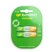 Батарейки аккумуляторные GP ReEnergy Ni-Mh пальчиковые КОМПЛЕКТ 2 шт., AA (HR6), 1300 mAh, 130AAHCRGY, 130AAHCRGY-2CRC