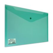 Папка-конверт с кнопкой BRAUBERG, А4, до 100 листов, прозрачная, зеленая, СВЕРХПРОЧНАЯ 0,18 мм, 224810