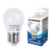 Лампа светодиодная SONNEN, 7 (60) Вт, цоколь E27, шар, нейтральный белый свет, 30000 ч, LED G45-7W-4000-E27, 453704