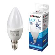 Лампа светодиодная SONNEN, 7 (60) Вт, цоколь Е14, свеча, нейтральный белый свет, 30000 ч, LED C37-7W-4000-E14, 453712
