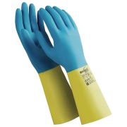 Перчатки латексно-неопреновые MANIPULA «Союз», хлопчатобумажное напыление, размер 7-7,5 (S), синие/желтые, LN-F-05
