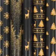 Бумага упаковочная новогодняя 70х100 см ЗОЛОТАЯ СКАЗКА «Black&Gold», 5 дизайнов, 70 г/м2, 591584
